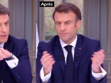 Imagen de Macron con el reloj y sin el reloj tras quitárselo 'disimuladamente'