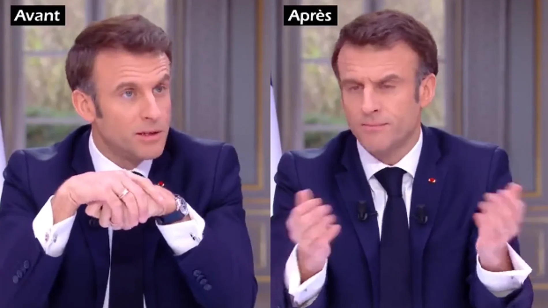 Imagen de Macron con el reloj y sin el reloj tras quitárselo 'disimuladamente'
