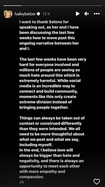 El mensaje de agradecimiento de Hailey Bieber a Selena Gomez El mensaje de agradecimiento de Hailey Bieber a Selena Gomez