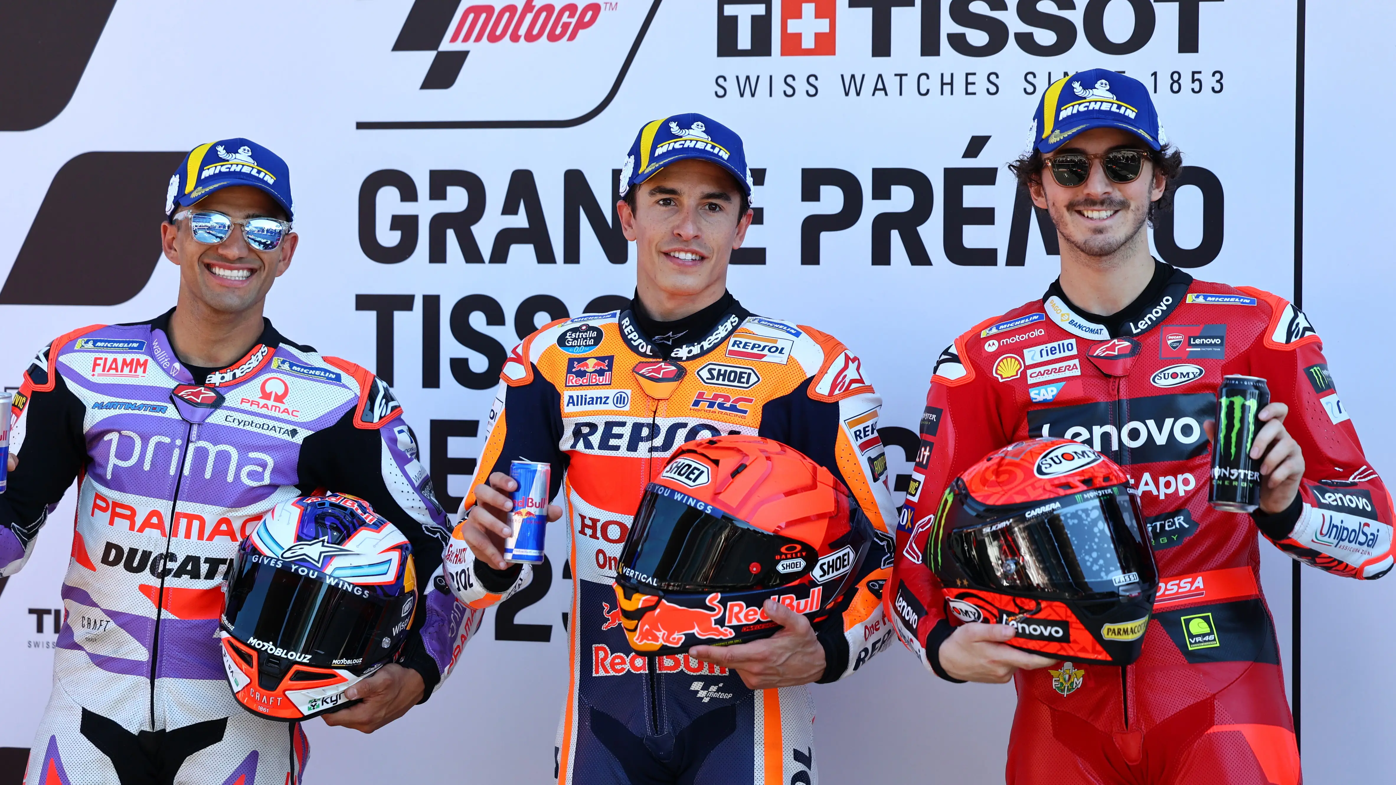Marc M&aacute;rquez, Jorge Mart&iacute;n y Pecco Bagnaia 