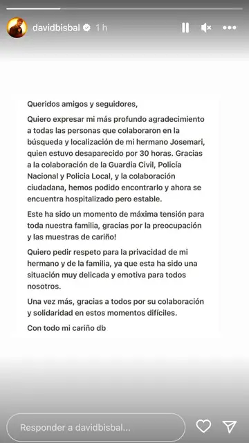 David Bisbal agradece a sus seguidores la preocupación David Bisbal agradece a sus seguidores la preocupación