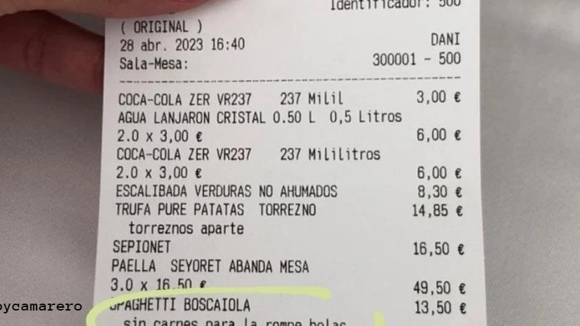 La cuenta de un restaurante valenciano con insulto incluido 