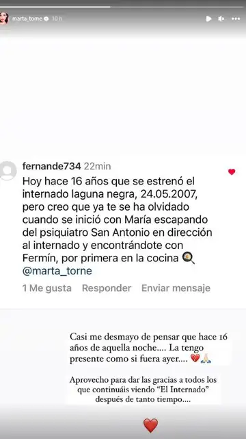 El mensaje de Marta Torné tras saber que 'El internado' cumple 16 años El mensaje de Marta Torné tras saber que 'El internado' cumple 16 años