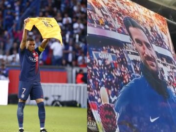Mbappé posa con la camiseta de Sergio Rico / pancarta del PSG con la cara del portero sevillano