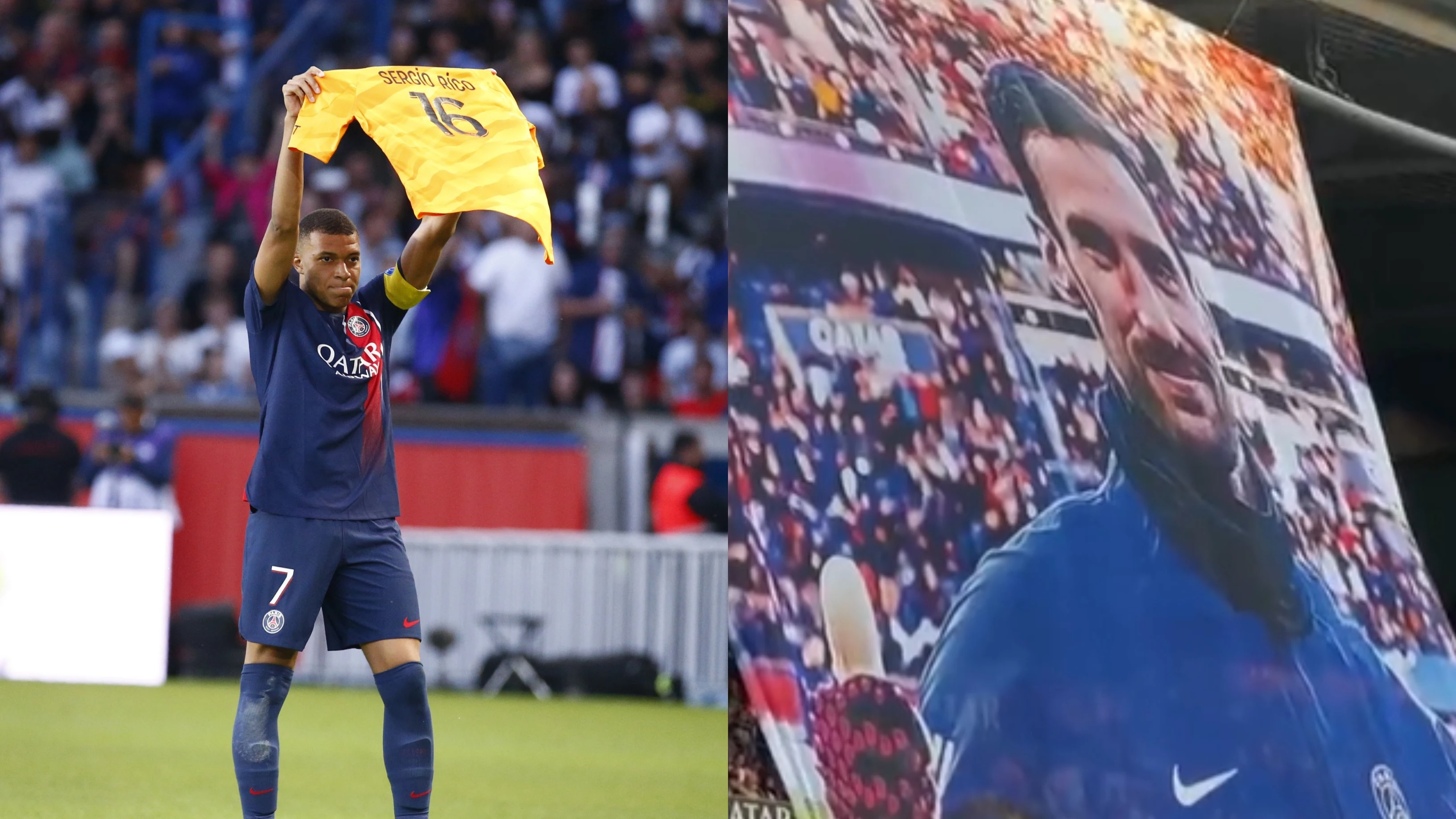 Mbapp&eacute; posa con la camiseta de Sergio Rico / pancarta del PSG con la cara del portero sevillano