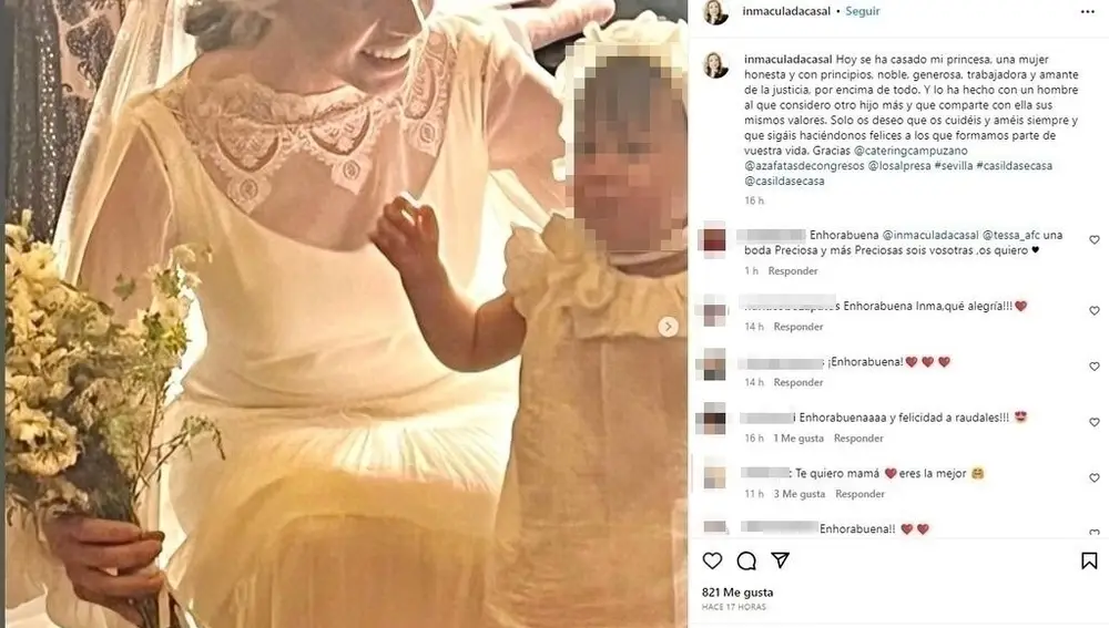 Inmaculada Casal le dedica unas palabras a su hija por su boda
