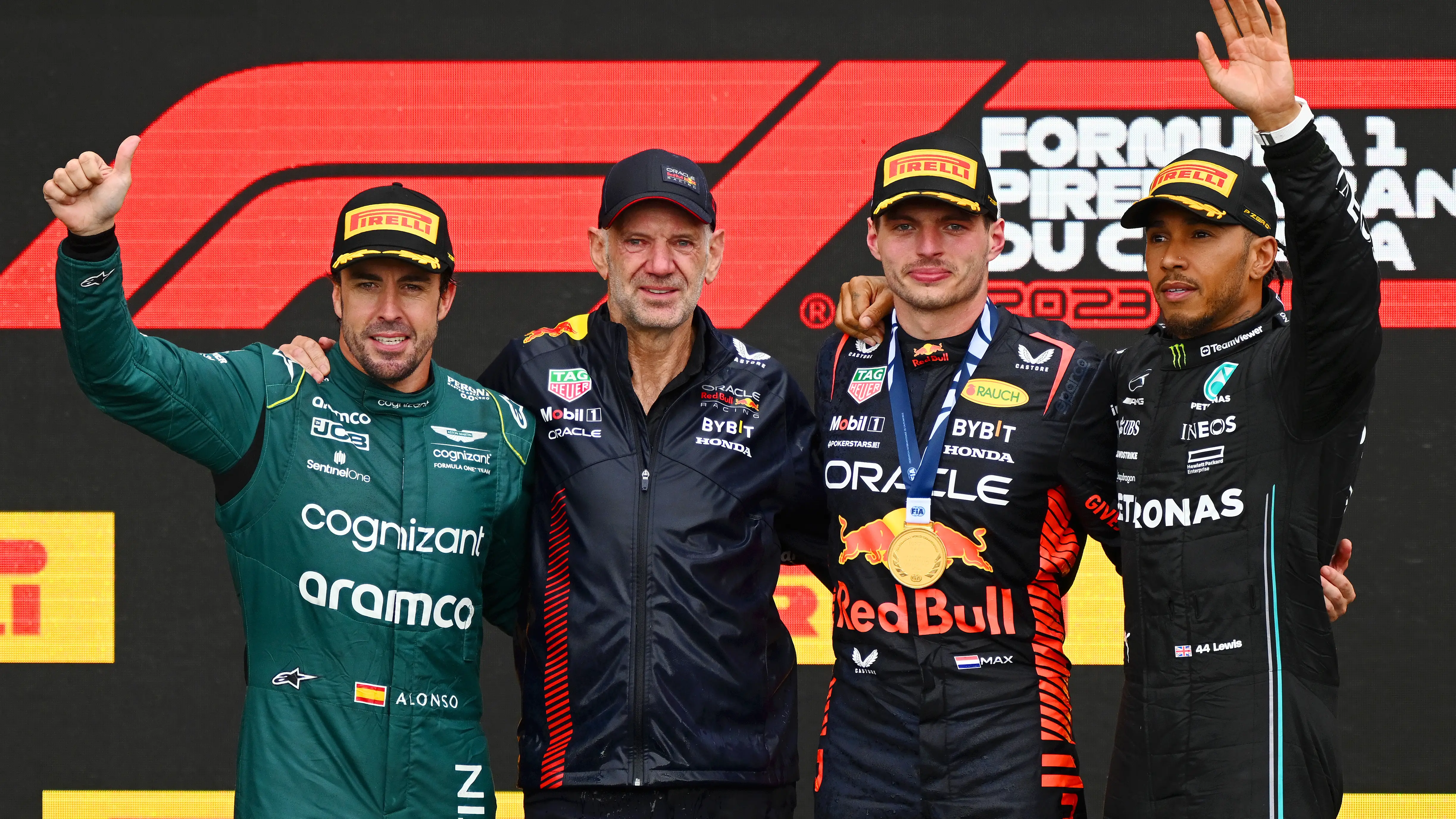 Verstappen, Alonso y Hamilton en el podio del GP de Canad&aacute; 2023