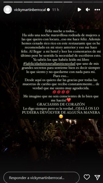 Vicky Martín Berrocal agradece los mensajes recibidos en su última publicación