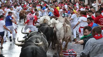 Los toros de la ganadería de Cebada Gago entran en la plaza del Ayuntamiento durante el tercer encierro de los sanfermines 2023, este domingo. 