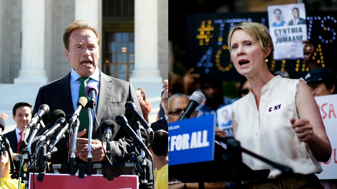 Los actores Arnold Schwarzenegger y Cynthia Nixon en uno de sus mítines políticos Los actores Arnold Schwarzenegger y Cynthia Nixon en uno de sus mítines políticos