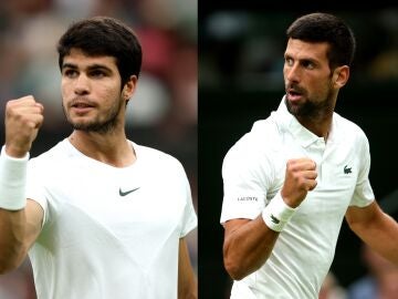 Carlos Alcaraz y Novak Djokovic en sus respectivos partidos de semifinal de Wimbledon