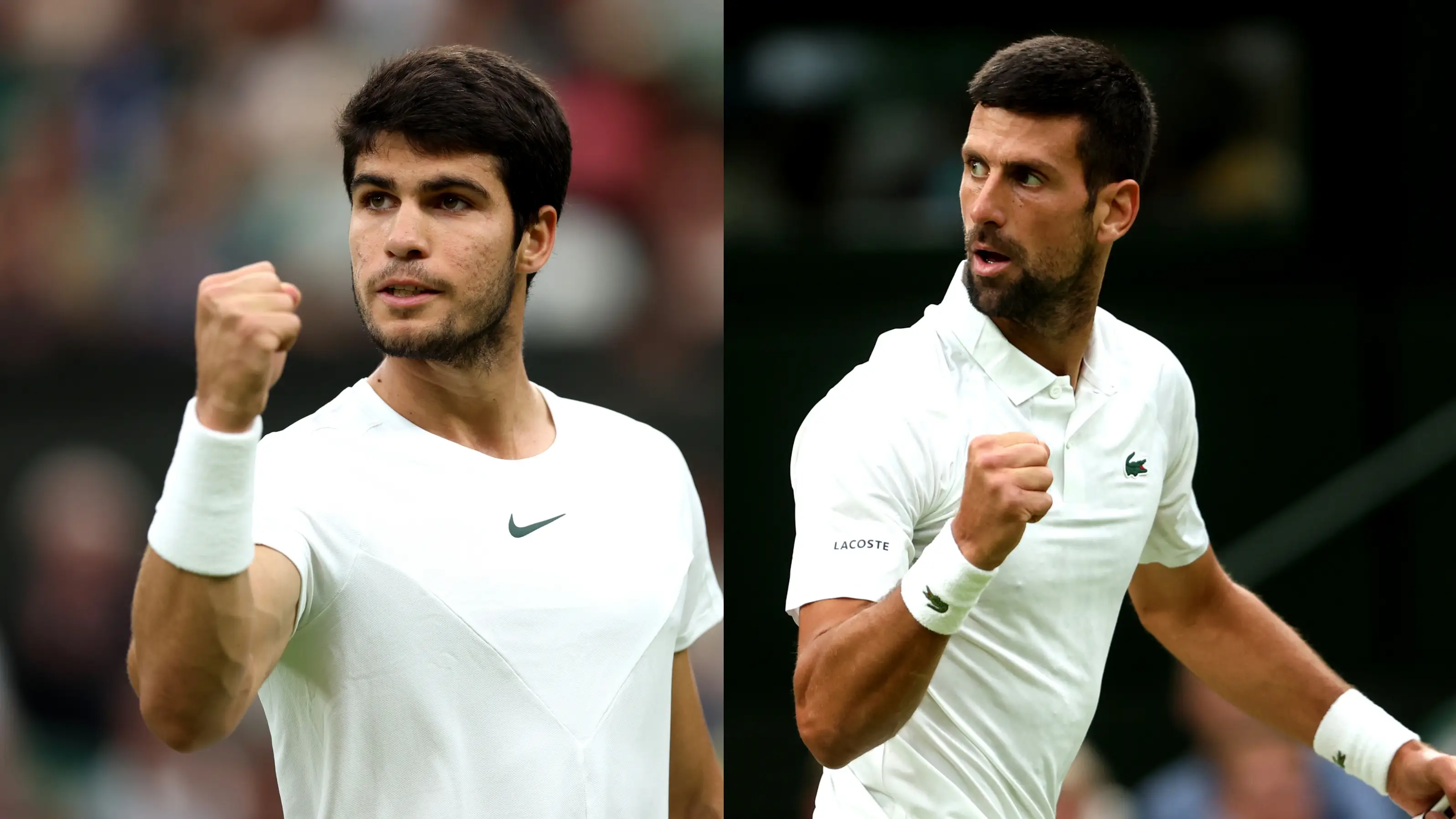 Carlos Alcaraz y Novak Djokovic en sus respectivos partidos de semifinal de Wimbledon