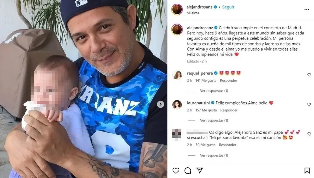 Alejandro Sanz felicitando a su hija Alma por su noveno cumpleaños