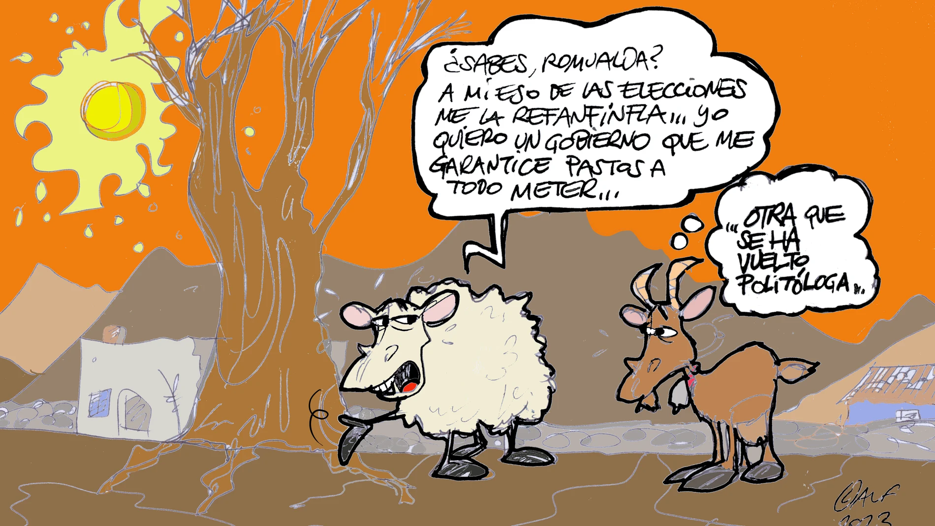 El diálogo entre una oveja y una cabra tras las elecciones del 23J. Viñeta gráfica 