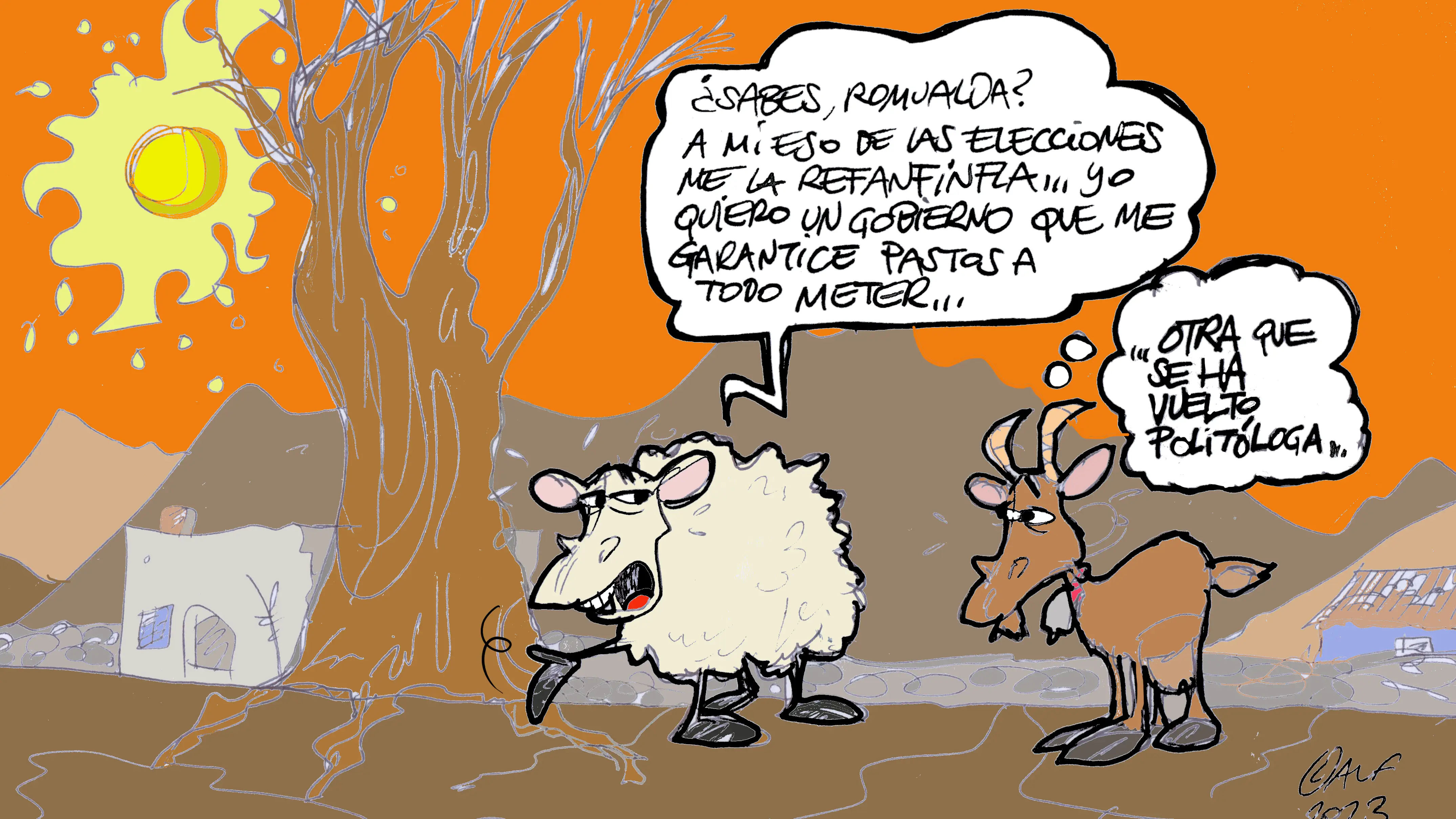 El diálogo entre una oveja y una cabra tras las elecciones del 23J. Viñeta gráfica El diálogo entre una oveja y una cabra tras las elecciones del 23J. Viñeta gráfica