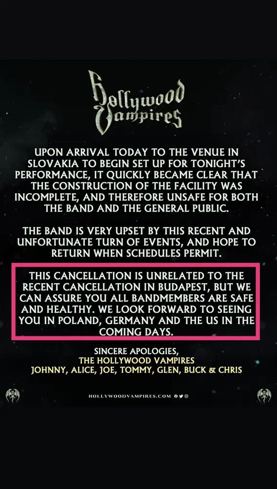 Comunicado de 'Hollywood Vampires' sobre la cancelación del concierto