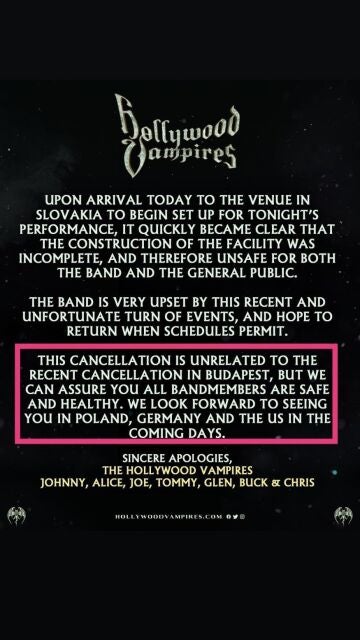 Comunicado de 'Hollywood Vampires' sobre la cancelación del concierto