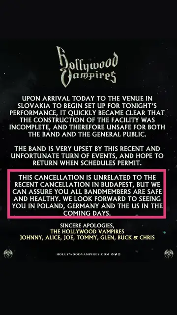 Comunicado de 'Hollywood Vampires' sobre la cancelación del concierto Comunicado de 'Hollywood Vampires' sobre la cancelación del concierto