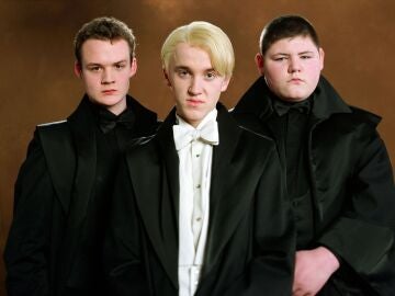 Tom Felton como Draco Malfoy, Josh Herdmancomo Goyle y Jamie Waylett como Vincent Crabbe en 'Harry Potter'