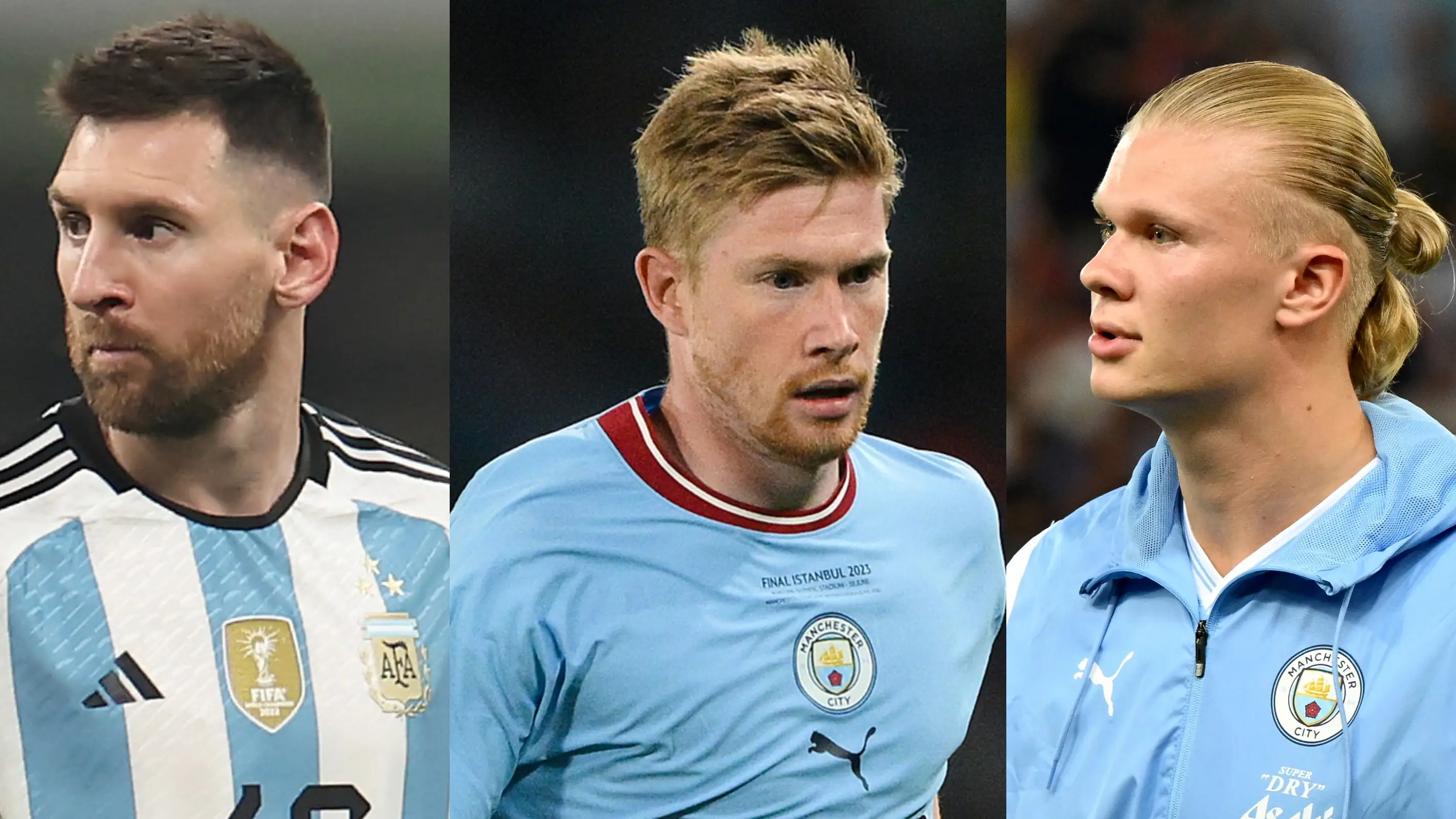 Messi, Haaland y De Bruyne, de izquierda a derecha Messi, Haaland y De Bruyne, de izquierda a derecha