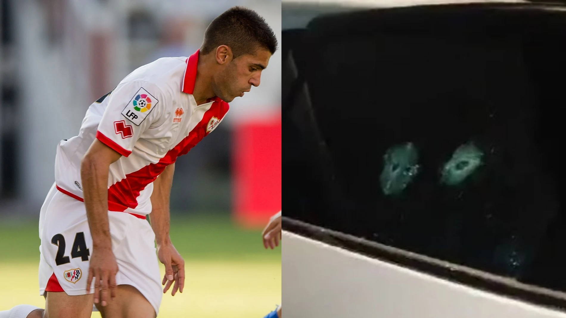 Iago Falque en un partido con el Rayo Vallecano / así quedó su coche tras ser tiroteado en Colombia