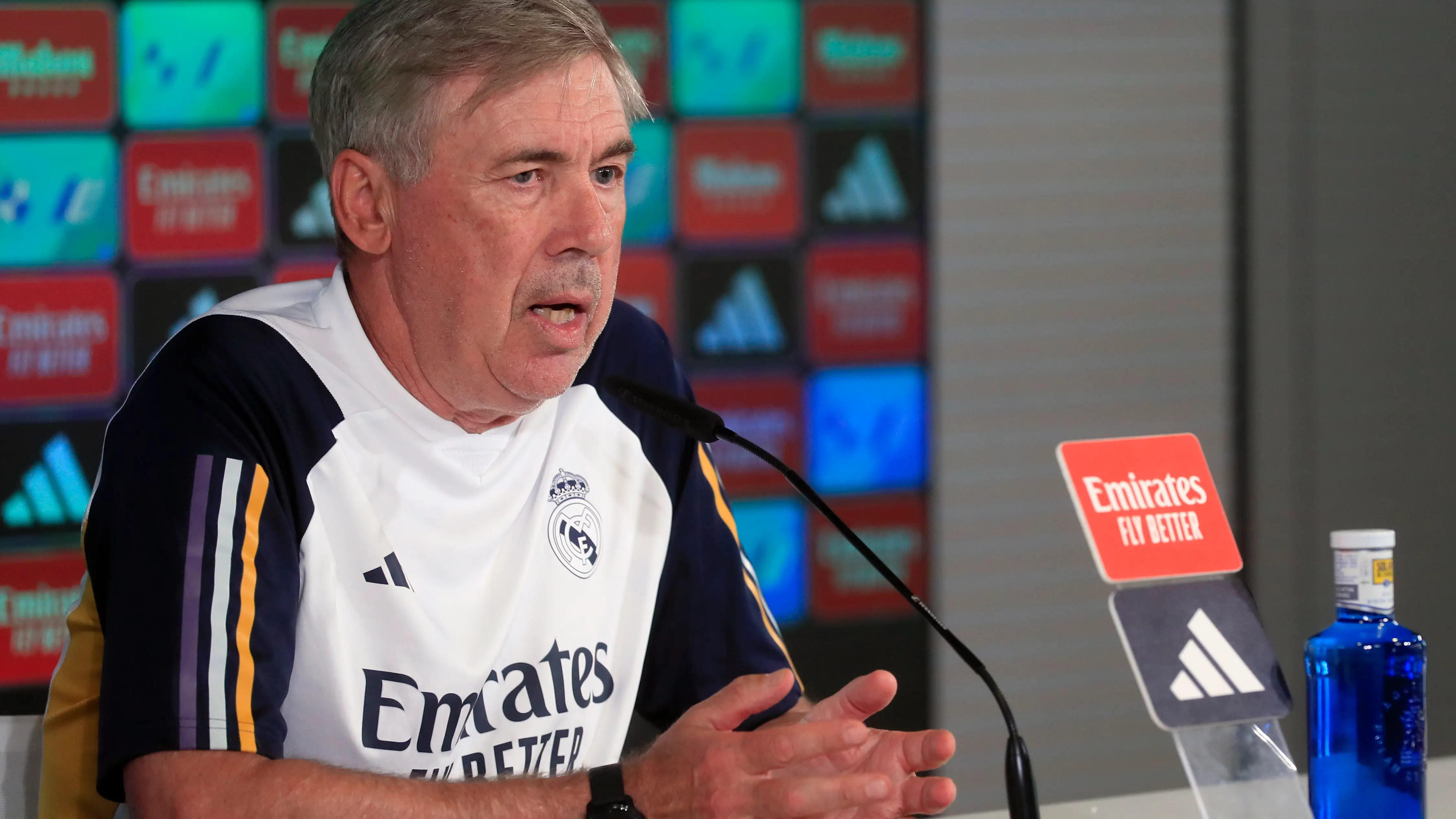 Carlo Ancelotti, t&eacute;cnico del Real Madrid, durante la rueda de prensa previa al partido contra el Celta