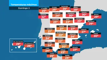 Mapa de las temperaturas máximas previstas el domingo Mapa de las temperaturas máximas previstas el domingo
