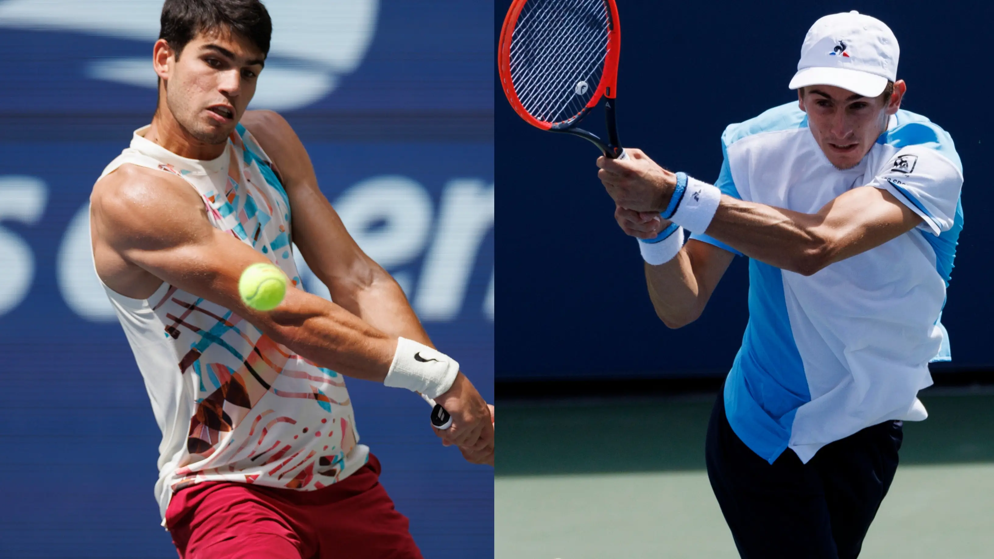 Carlos Alcaraz y Matteo Arnaldi golpeando un revés en el US Open 2023 Carlos Alcaraz y Matteo Arnaldi golpeando un revés en el US Open 2023