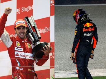 Alonso celebrando su victoria en el GP de Singapur 2010 / Verstappen, cabizbajo en 2017