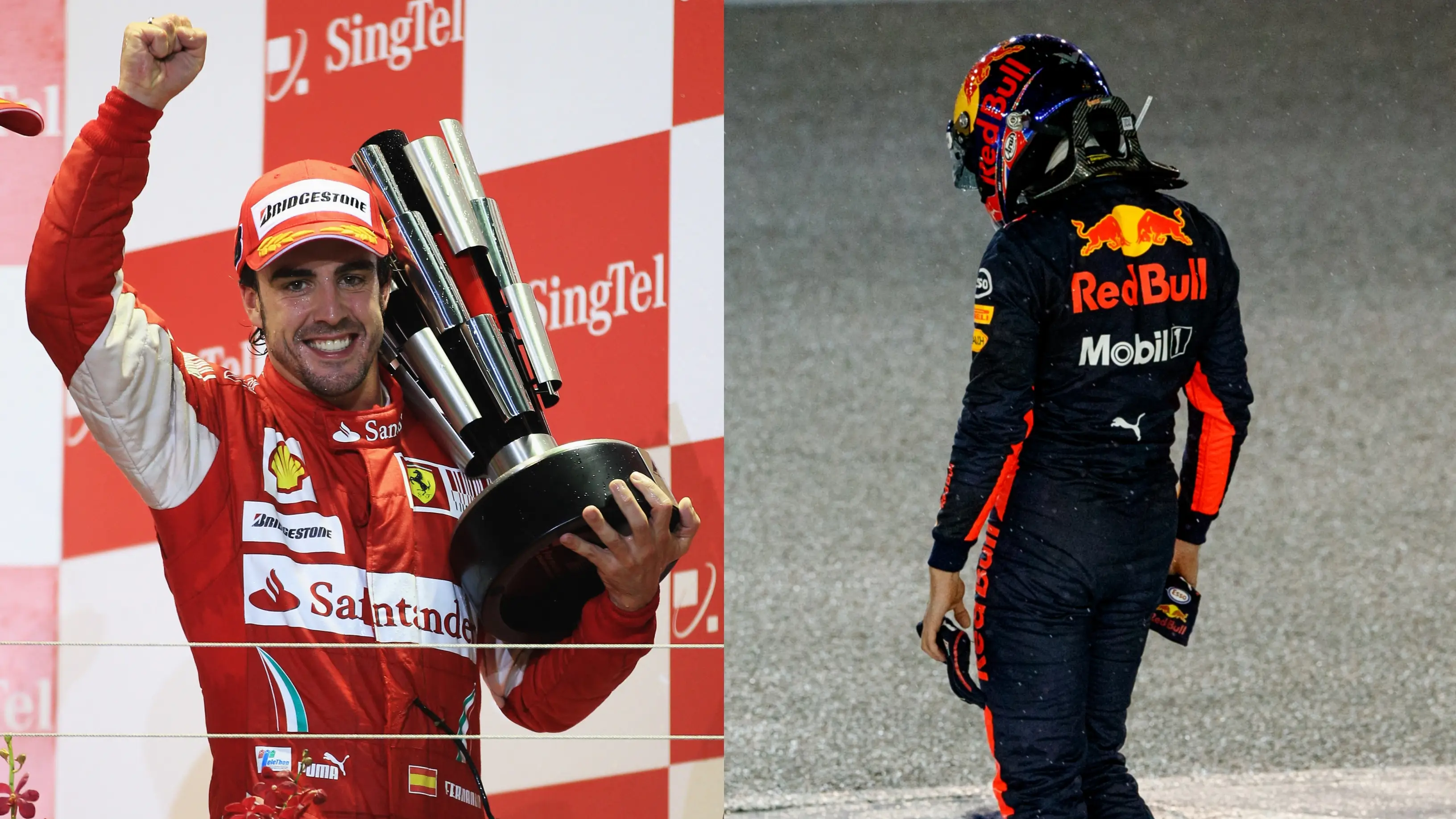 Alonso celebrando su victoria en el GP de Singapur 2010 / Verstappen, cabizbajo en 2017 Alonso celebrando su victoria en el GP de Singapur 2010 / Verstappen, cabizbajo en 2017