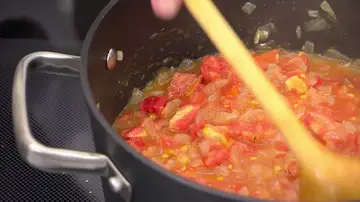 Cuando la cebolla se haya pochado, añade los tomates picados