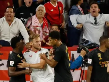 Imagen donde un aficionado del Sevilla se dirige a Vinicius con un gesto racista Imagen donde un aficionado del Sevilla se dirige a Vinicius con un gesto racista