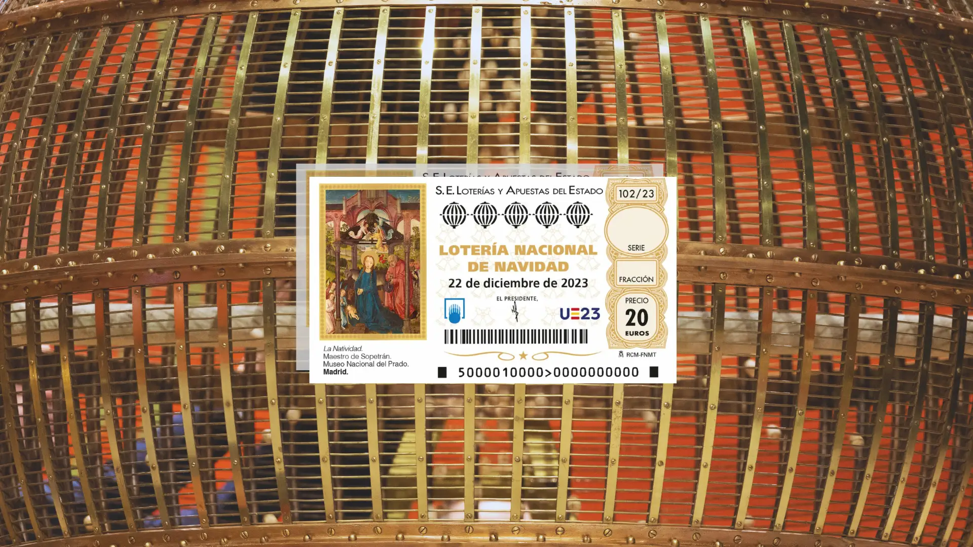Imagen de un boleto y de un bombo en el que las bolas caen para dar comienzo al Sorteo Extraordinario de Navidad de 2022. Imagen de un boleto y de un bombo en el que las bolas caen para dar comienzo al Sorteo Extraordinario de Navidad de 2022.