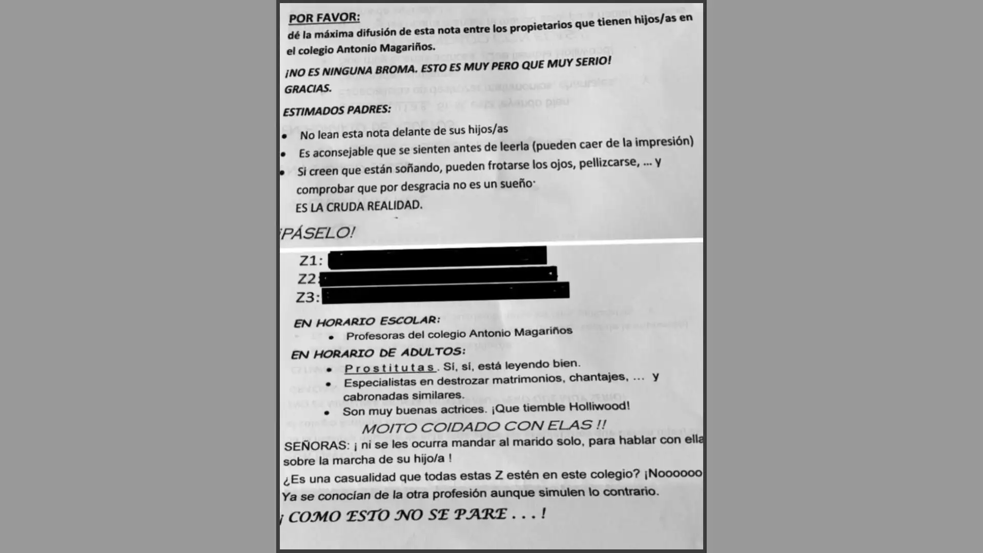 La carta que han recibido las profesoras La carta que han recibido las profesoras