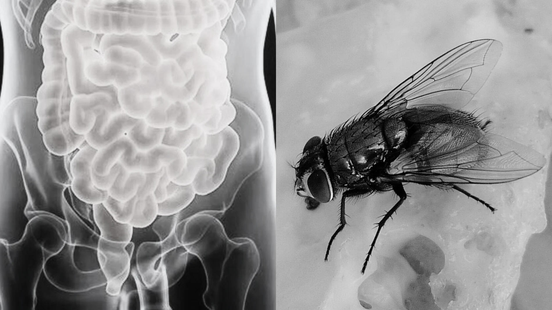 Imagen de un intestino y una mosca.