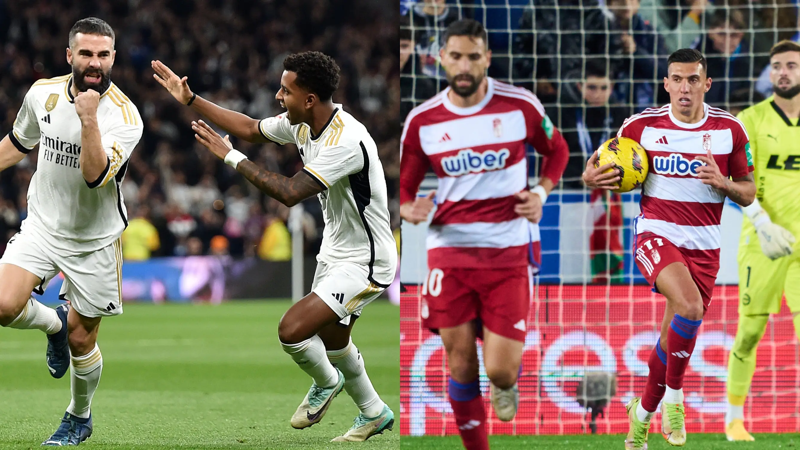 Carvajal, Rodrygo, Real Madrid (izquierda) y Puertas y Uzuni, Granada (derecha) Carvajal, Rodrygo, Real Madrid (izquierda) y Puertas y Uzuni, Granada (derecha)