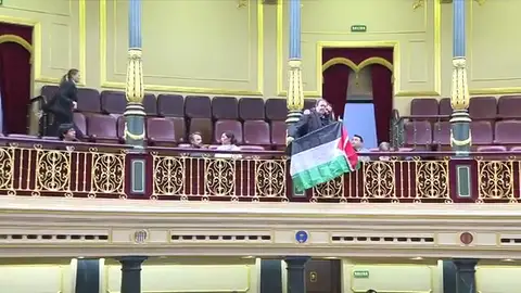 Dos activistas propalestinos, desalojados del Congreso tras interrumpir el discurso de Albares al grito de "¡No somos terroristas!"