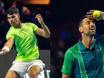 Carlos Alcaraz y Novak Djokovic, en la exhibición en Riad