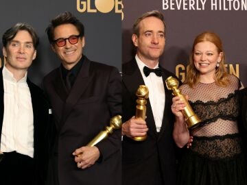 Cillian Murphy, Robert Downey Jr., actores de Oppenheimer y Matthew Macfadyen, Sarah Snook y Kieran Culkin, actores de Succession, en los Globos de Oro 2024