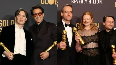 Cillian Murphy, Robert Downey Jr., actores de Oppenheimer y Matthew Macfadyen, Sarah Snook y Kieran Culkin, actores de Succession, en los Globos de Oro 2024