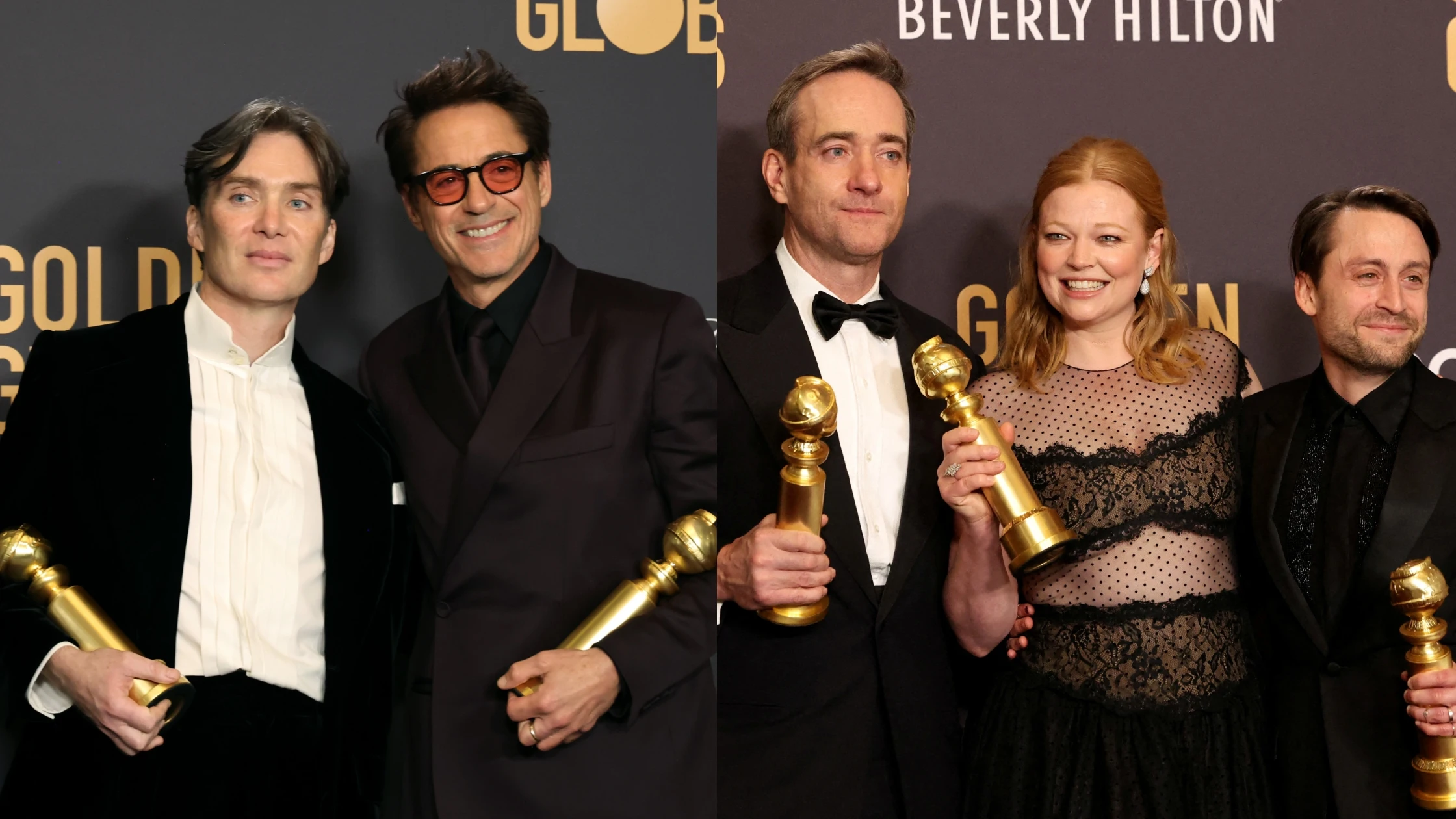 Cillian Murphy, Robert Downey Jr., actores de Oppenheimer y Matthew Macfadyen, Sarah Snook y Kieran Culkin, actores de Succession, en los Globos de Oro 2024 Cillian Murphy, Robert Downey Jr., actores de Oppenheimer y Matthew Macfadyen, Sarah Snook y Kieran Culkin, actores de Succession, en los Globos de Oro 2024