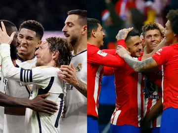 Los jugadores de Real Madrid y Atlético de Madrid celebrando un gol Los jugadores de Real Madrid y Atlético de Madrid celebrando un gol