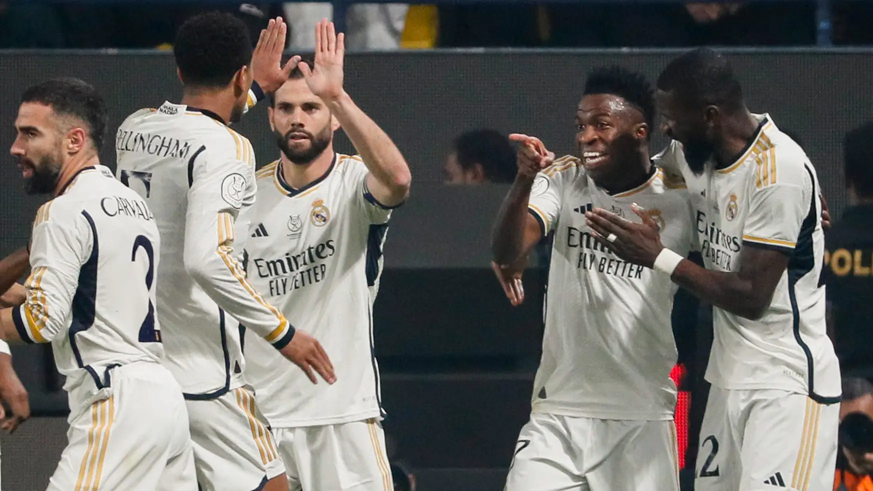 Vinicius Jr celebra el primer gol de la primera final de la Supercopa de España 2024 Vinicius Jr celebra el primer gol de la primera final de la Supercopa de España 2024