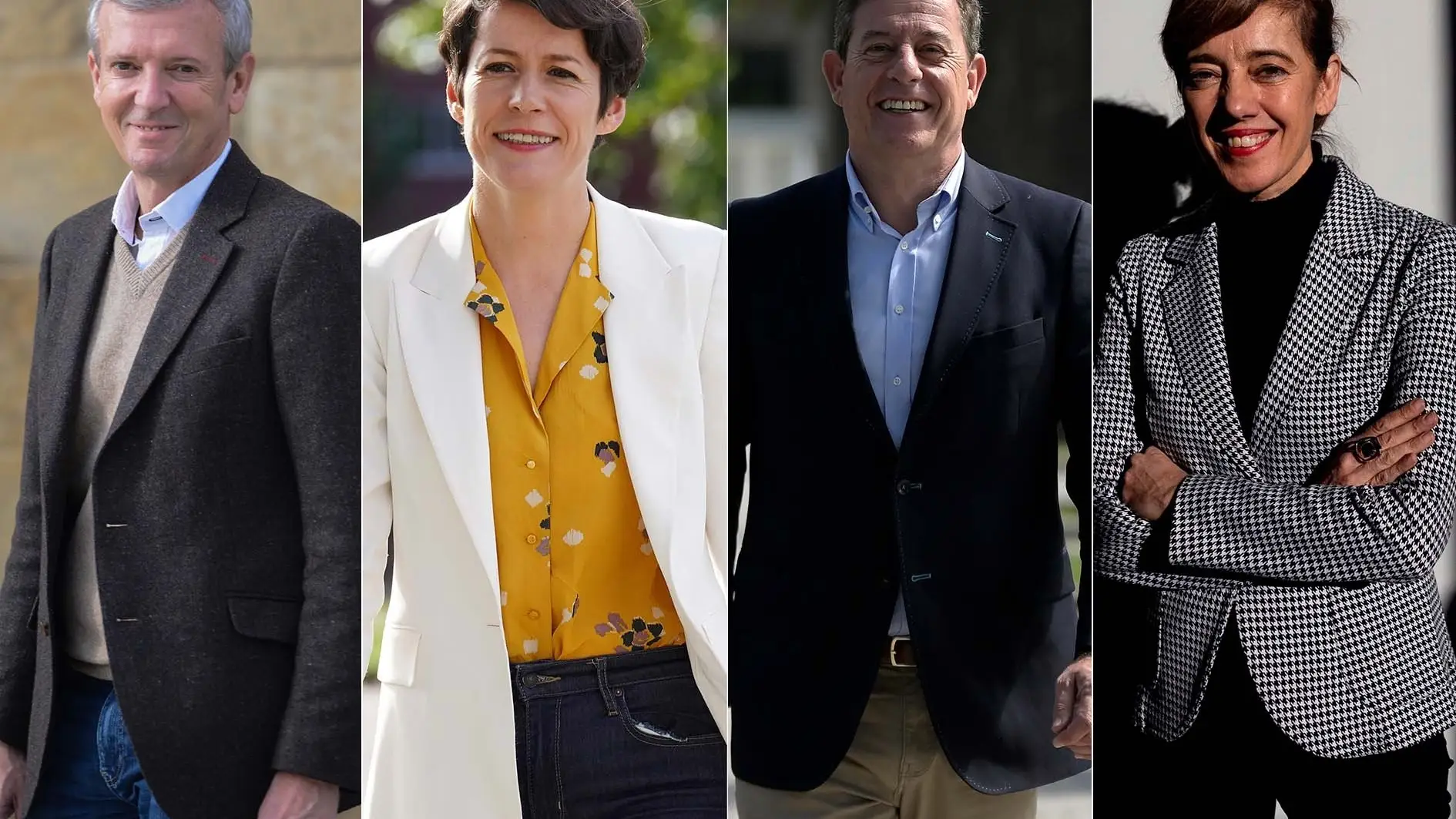 Los candidatos del PP, Alfonso Rueda; BNG, Ana Pontón; PSdeG, José Ramón Gómez Besteiro; y Sumar Galicia, Marta Lois Los candidatos del PP, Alfonso Rueda; BNG, Ana Pontón; PSdeG, José Ramón Gómez Besteiro; y Sumar Galicia, Marta Lois