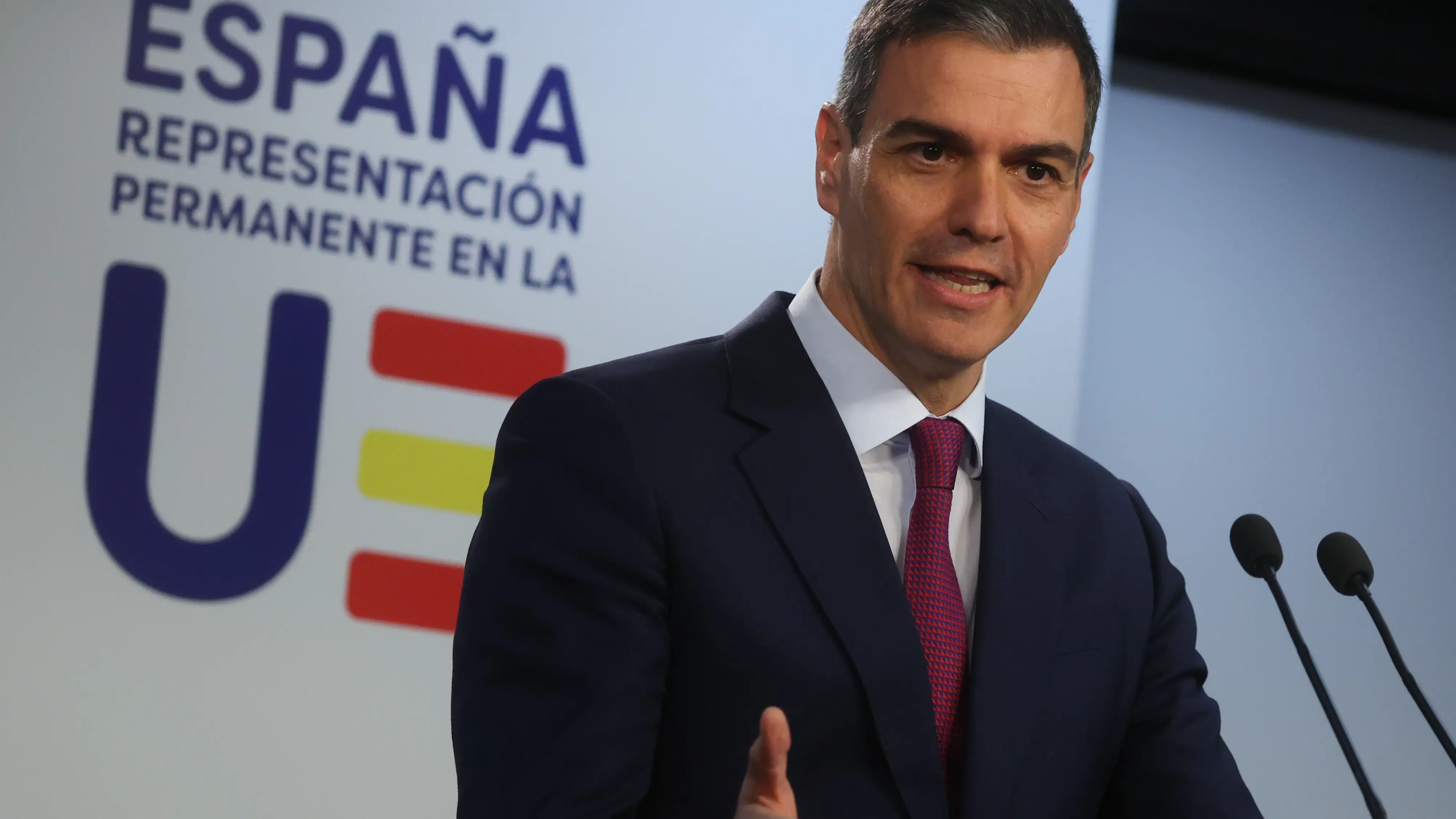 Pedro S&aacute;nchez, en una rueda de prensa en Bruselas