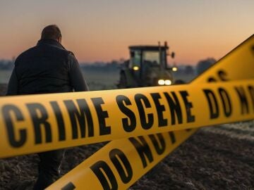 Montaje de un cordón policial sobre un agricultor y un tractor