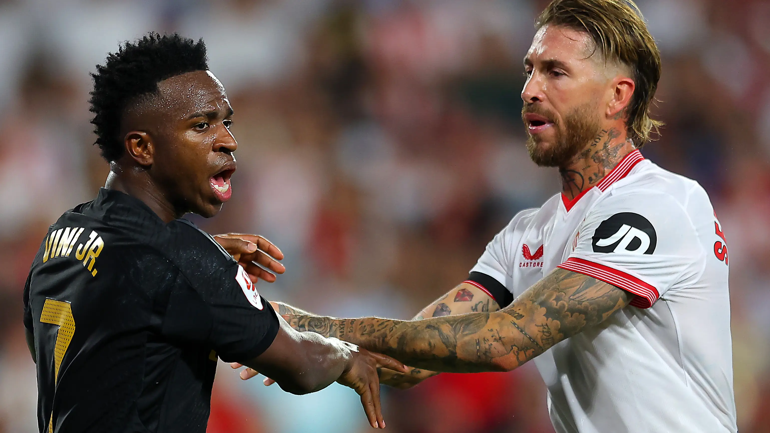 Vinicius y Sergio Ramos en el partido de la primera vuelta entre Sevilla y Real Madrid Vinicius y Sergio Ramos en el partido de la primera vuelta entre Sevilla y Real Madrid