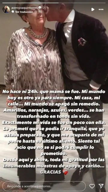 Joaquín Torres comparte un nuevo mensaje tras perder a su madre Joaquín Torres comparte un nuevo mensaje tras perder a su madre