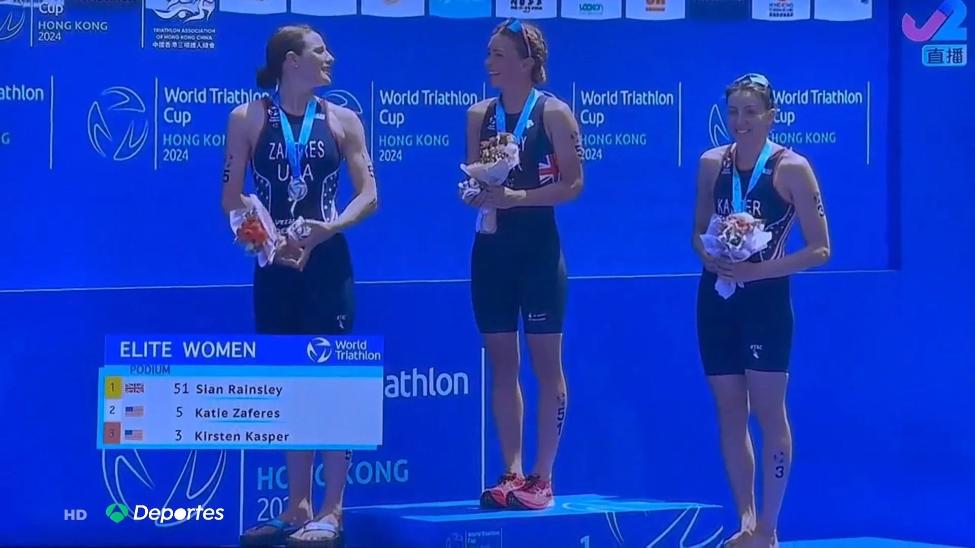Slan Rainsley, Katie Zaferes y Kirsten Kasper en el podio de Hong Kong