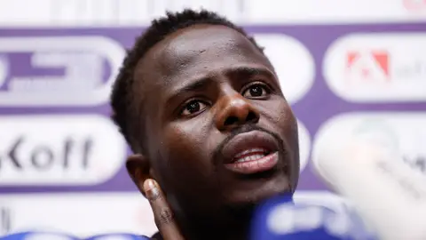 Cheikh Kane Sarr durante la rueda de prensa ofrecida este martes en la Ciudad Deportiva La Oliva Cheikh Kane Sarr durante la rueda de prensa ofrecida este martes en la Ciudad Deportiva La Oliva
